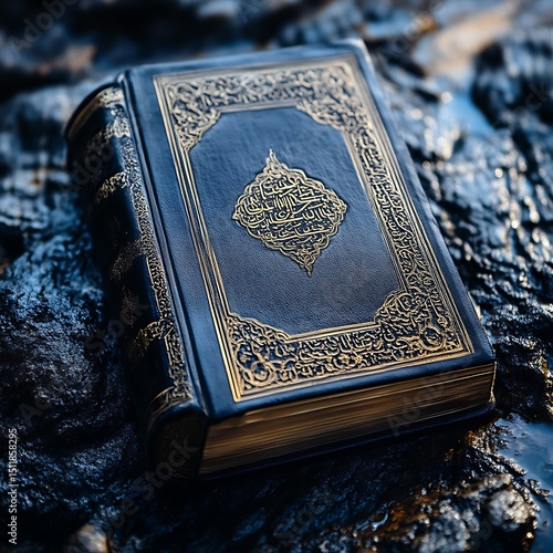 Close-up of a book with intricate gold design.