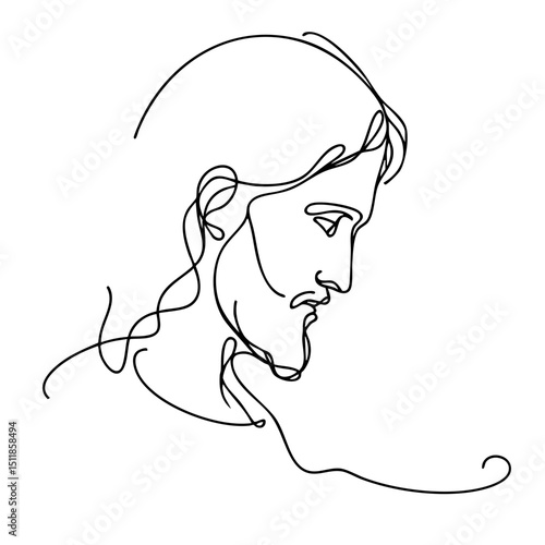 Minimalistic line art portrait of Jesus in profile view  