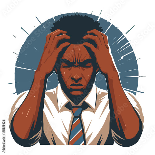 Young man feeling stressed while holding his head in a formal suit  