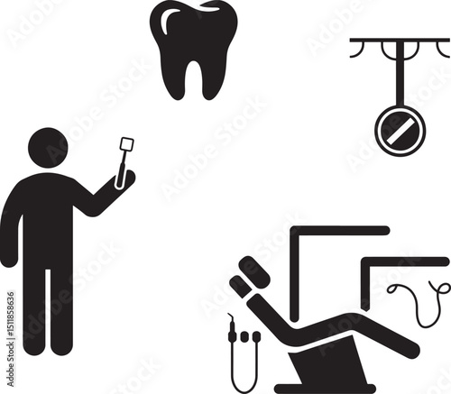 Flat Vector Dental Care Icons Set Dentist Tools Patient Chair and Oral Hygiene on Black Background