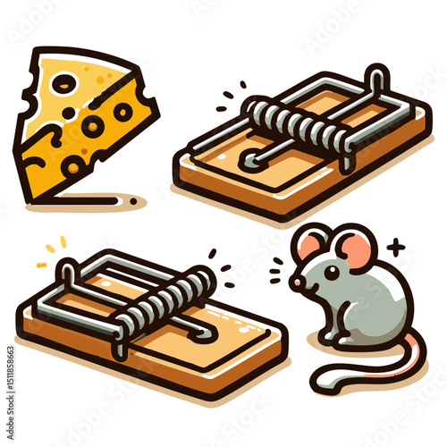 Cartoon mouse with traps and cheese in playful design  