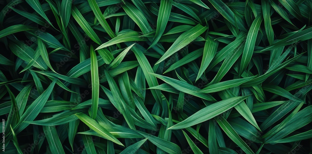 Fototapeta premium Vibrant Green Leaves: A close-up shot showcasing an intricate arrangement of fresh, verdant leaves. The play of light and shadow creates an abstract texture.
