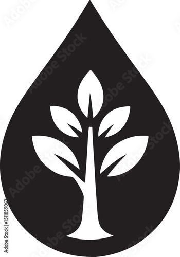 Silhouette of a tree inside a water droplet symbolizing nature conservation, clean water, and environmental protection in a minimalist design.