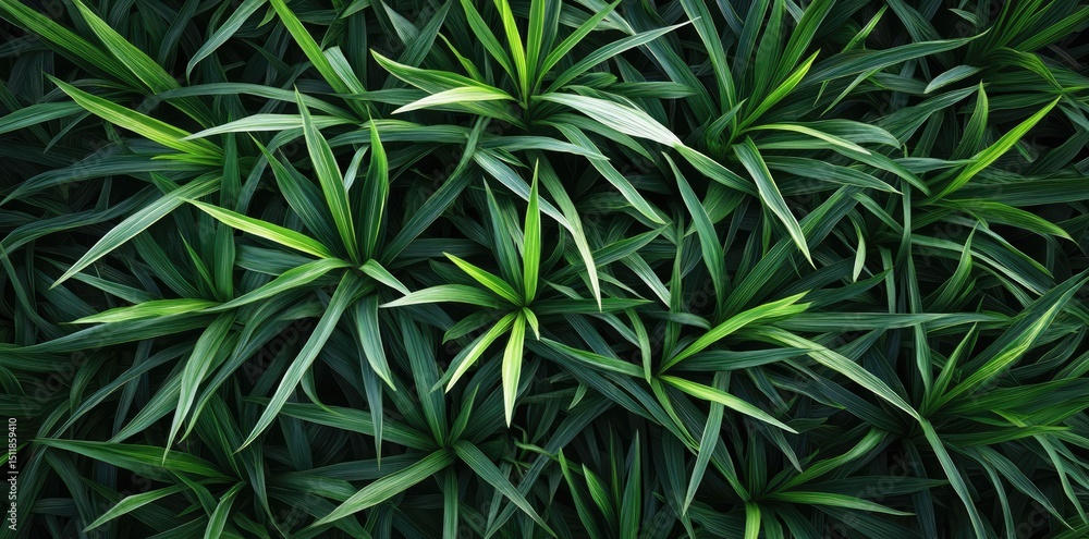 Fototapeta premium Emerald Green Canopy: An overhead shot showcases an exuberant collection of vibrant emerald green plants with spiky leaves, forming an intricate tapestry of natural beauty.
