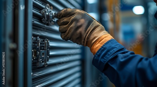 Worker in safety gloves tightening a metal door lock in a factory