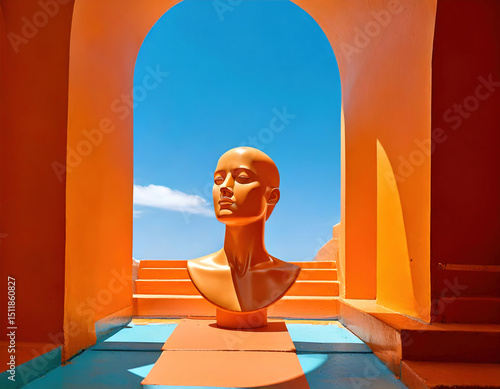 A statue of a head is sitting on a blue and orange floor