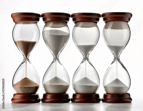 Four sand timers are lined up, each with a different amount of sand in them