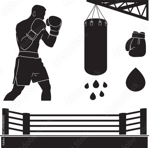 Silhouette Illustration of a Boxer Training with Punching Bag and Ring in a Gym Setting on Black Background