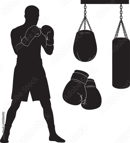 Silhouette Illustration of Boxer with Punching Bags and Gloves on Black Background for Sports and Fitness Concepts