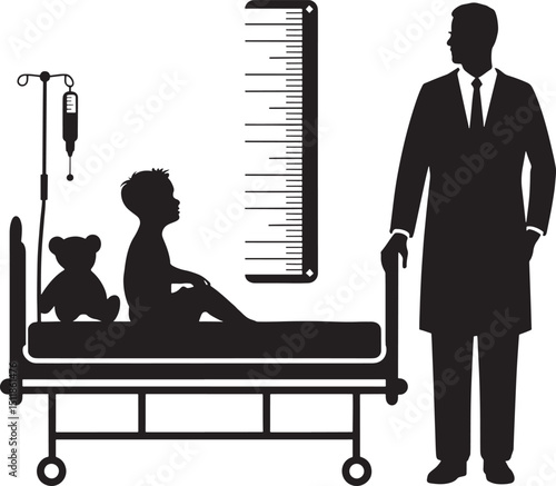 Silhouette Illustration of Doctor Examining Child Patient in Hospital Bed with Growth Chart on Black Backdrop