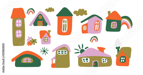 beautiful cute houses set of different shapes. Perfect for wallpapers, greeting cards, fabrics, textiles, web designs. Hand-drawn. Vector.