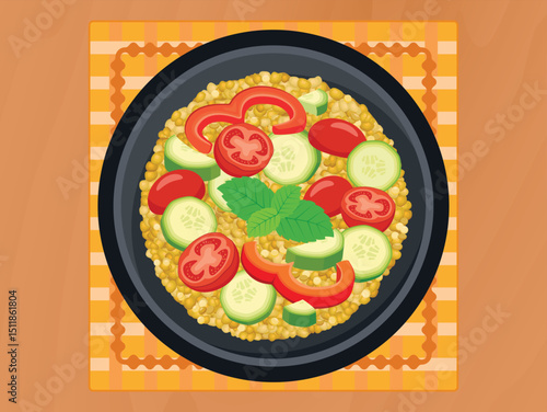 Pearl couscous salad on a plate top view vector illustration. Couscous salad food with tomato, cucumber, pepper on a wooden table above view vector. Couscous salad with vegetable on the table drawing