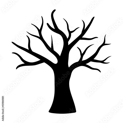 Silhouette of a bare tree with intricate branches and a stout trunk