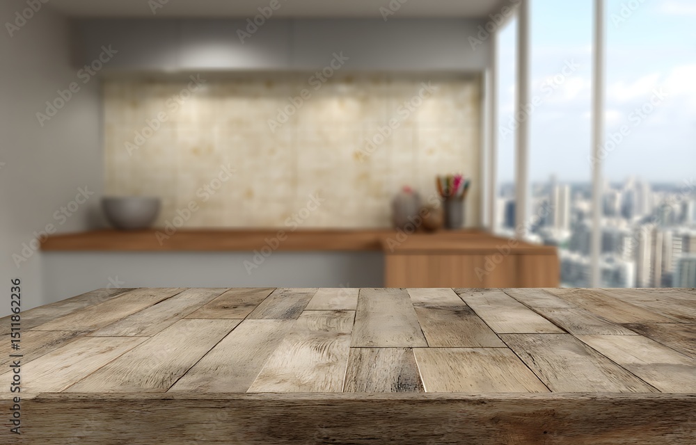 Rustic wooden table in modern office space with city view background Rustic wooden table in modern office space with city view background