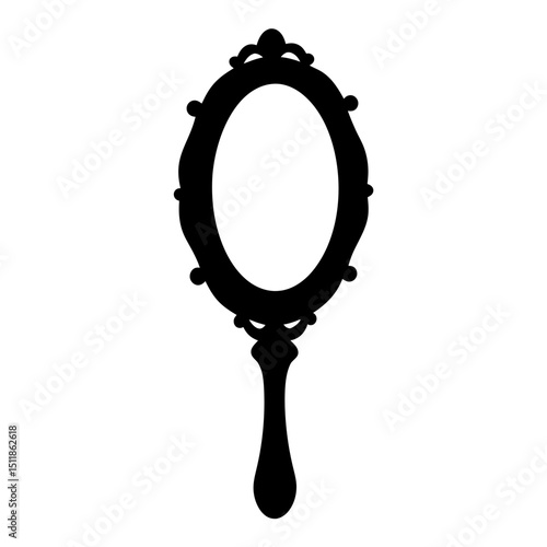 Antique hand mirror silhouette with ornate frame and handle design