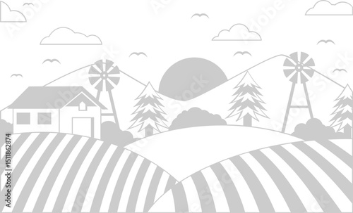 Farmhouse in rolling hills at sunset with windmills