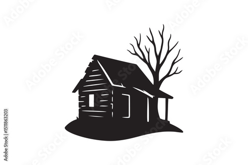 Abandoned cabin silhouette vector art illustration on white background