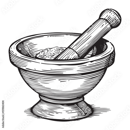 Vintage Mortar and Pestle Engraving Illustration for Apothecary and Herbal Medicine, Concept herbal shops, cooking schools