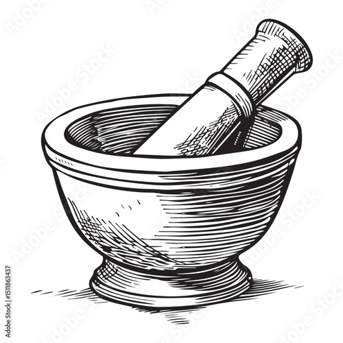 Vintage Mortar and Pestle Engraving Illustration for Apothecary and Herbal Medicine, Concept herbal shops, cooking schools