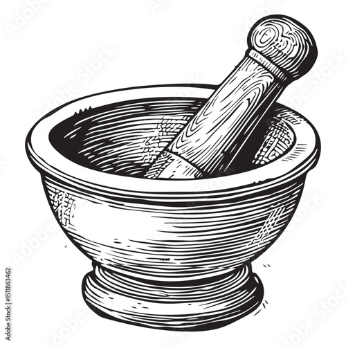 Vintage Mortar and Pestle Engraving Illustration for Apothecary and Herbal Medicine, Concept herbal shops, cooking schools