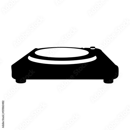 A minimalist representation of a record player turntable in black and white