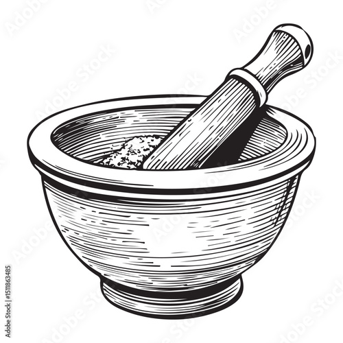 Vintage Mortar and Pestle Engraving Illustration for Apothecary and Herbal Medicine, Concept herbal shops, cooking schools