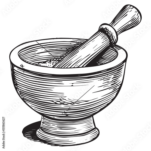 Vintage Mortar and Pestle Engraving Illustration for Apothecary and Herbal Medicine, Concept herbal shops, cooking schools