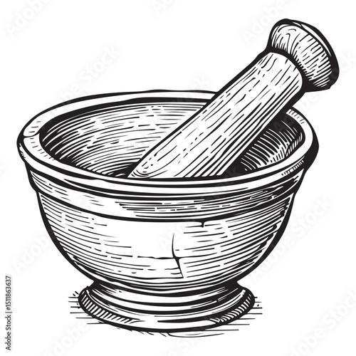 Vintage Mortar and Pestle Engraving Illustration for Apothecary and Herbal Medicine, Concept herbal shops, cooking schools