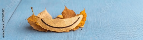 Joyful autumn leaf smile on blue surface nature scene leaf art indoor close-up whimsy