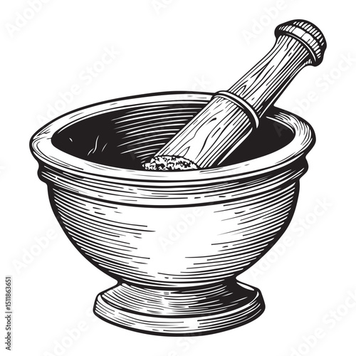Vintage Mortar and Pestle Engraving Illustration for Apothecary and Herbal Medicine, Concept herbal shops, cooking schools