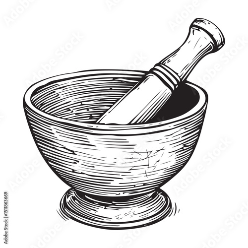 Vintage Mortar and Pestle Engraving Illustration for Apothecary and Herbal Medicine, Concept herbal shops, cooking schools