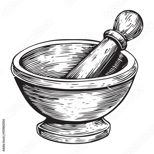 Vintage Mortar and Pestle Engraving Illustration for Apothecary and Herbal Medicine, Concept herbal shops, cooking schools