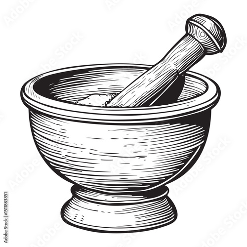 Vintage Mortar and Pestle Engraving Illustration for Apothecary and Herbal Medicine, Concept herbal shops, cooking schools