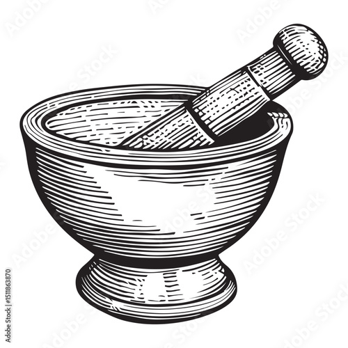 Vintage Mortar and Pestle Engraving Illustration for Apothecary and Herbal Medicine, Concept herbal shops, cooking schools
