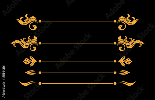 Gold Flourish Divider, Floral Scroll with Line Swirls Traditional Plant Ornaments in Baroque or Victorian Style, Golden Isolated Vector Royal Embellishment, Wedding Arrangements Set, Black Background