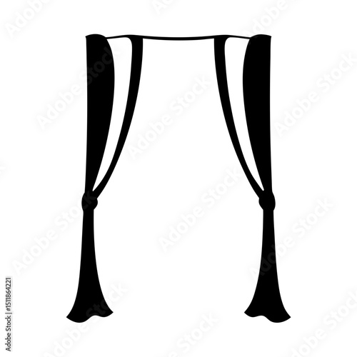 Elegant black silhouette illustration of curtains against a white background space