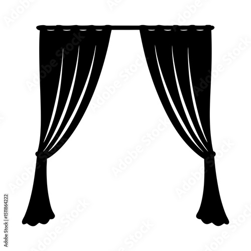 Elegant black silhouette illustration of curtains against a white background space