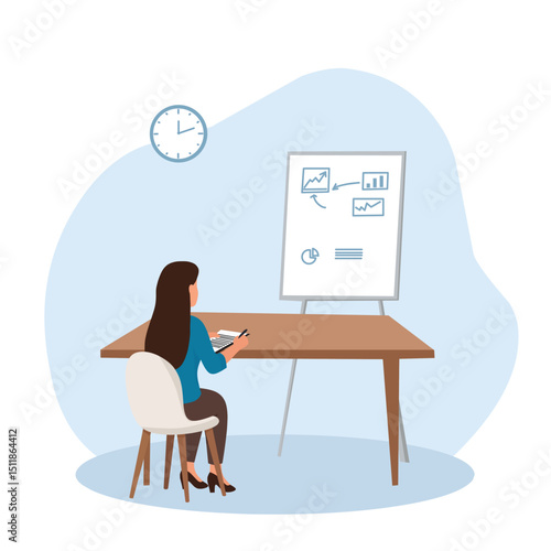 Flat illustration of a woman sitting at a desk and analyzing a chart. Great for topics like remote work, self-study, data analysis, or business planning