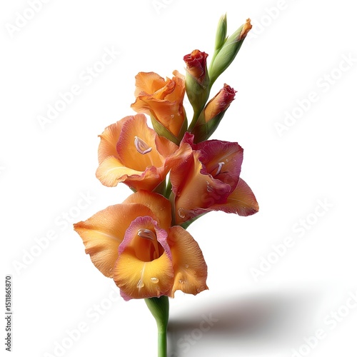 a single gladiolus flower on a white background, vibrant style, rich saturated colors, slight natural shadow, sunny natural light