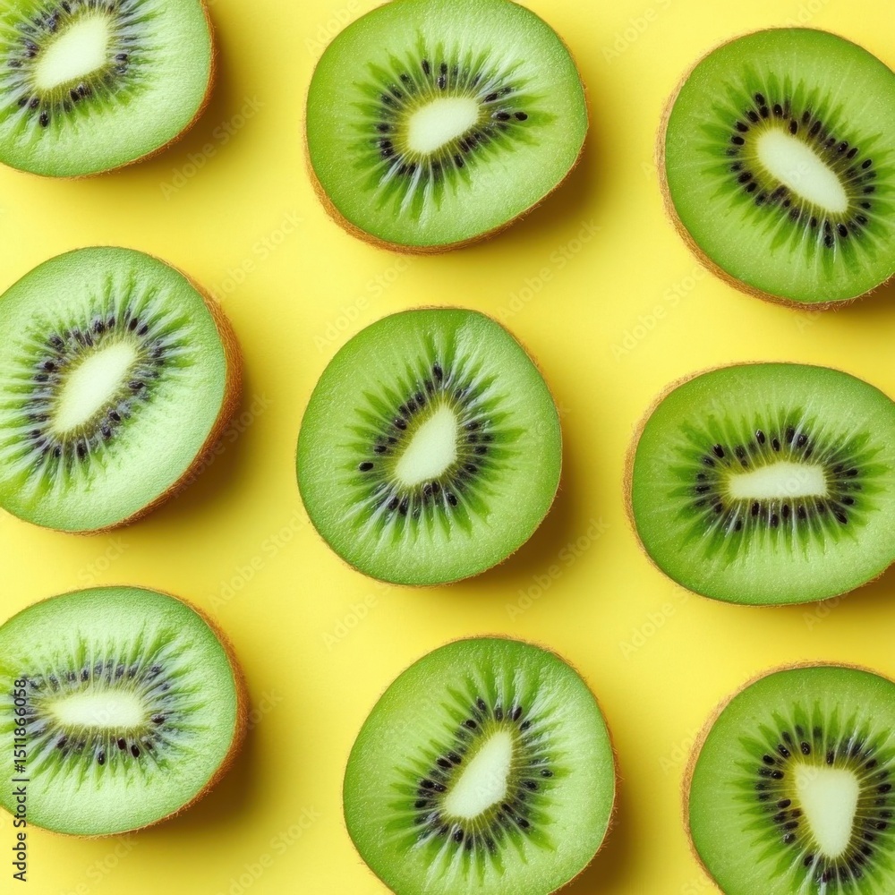 Fototapeta premium Fresh kiwi slices arranged in a symmetrical pattern on a vibrant yellow background. A close-up view showcases the green flesh and black seeds of each slice