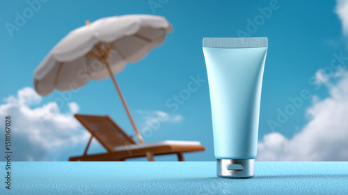 A tube of sun protection stands prominently in a bright outdoor area. Behind it, a sunshade umbrella and lounge chair indicate a relaxing atmosphere on a sunny day.
