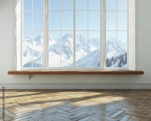 Panoramic mountain view from a modern interior.  Wooden shelf in front of large windows