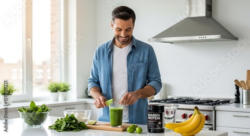 Healthy Green Smoothie Recipe Man Making Refreshing Drink in Kitchen