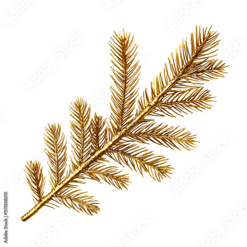 Isolated gold branch decoration, a green and white holiday tree ornament with a golden frame for Christmas and New Year celebrations