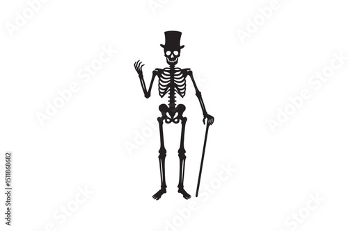 Skeleton with top hat silhouette vector art illustration on white background