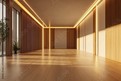 Empty modern minimalist interior. Sunlight streams through large windows