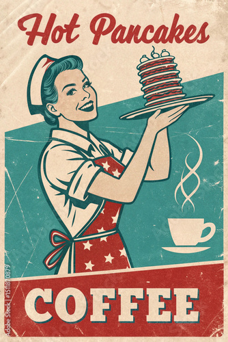 Hot Pancakes and Coffee Diner Vintage Poster. menu for restaurant