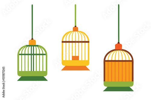 Bamboo bird cages as hanging decor in traditional rustic style vector art illustration