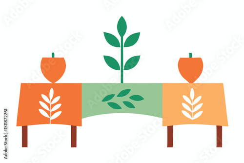 Block printed table runners with plant based dyes in natural fabric vector art illustration