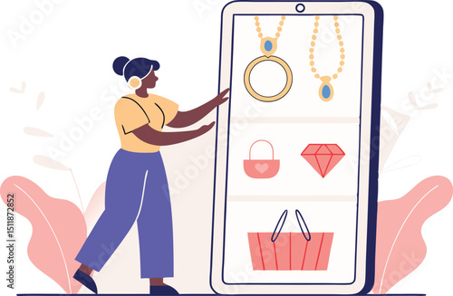 Woman Shopping Jewelry Online on Mobile App – E-commerce Illustration with Discount Sale Concept